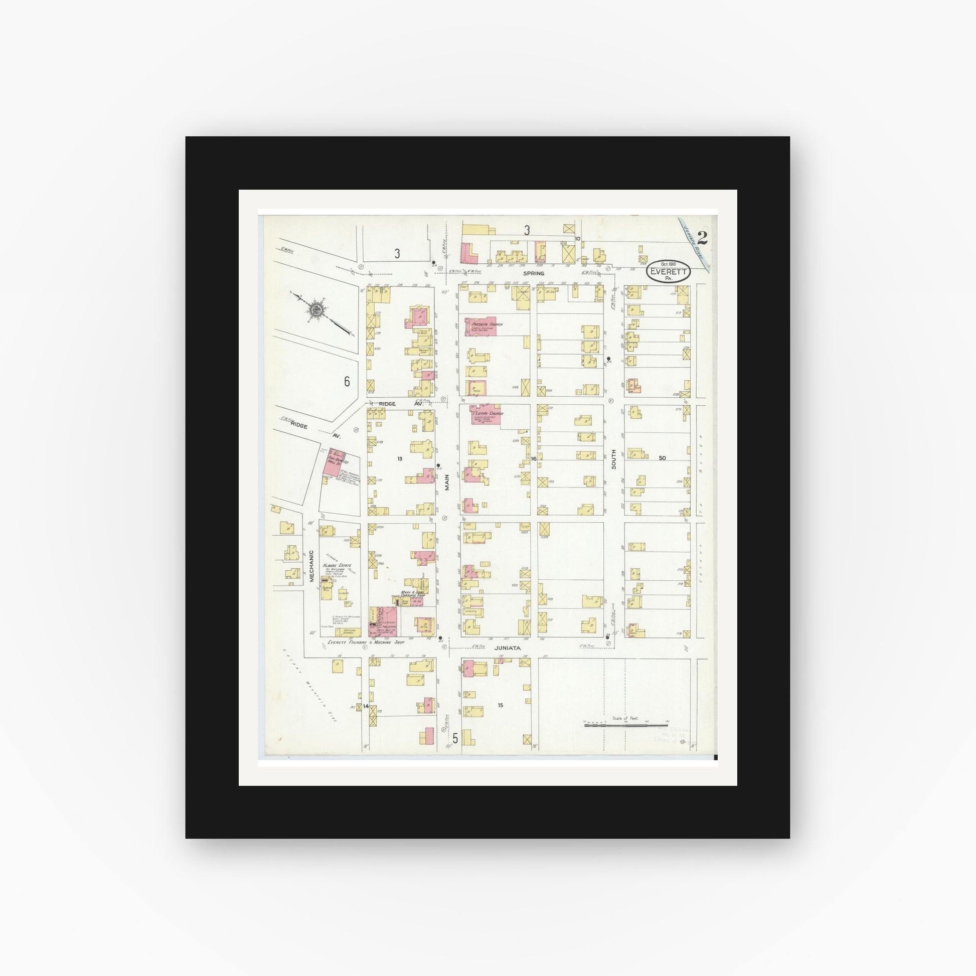 Old map wall art mockup — black gallery frame with white mat — Sanborn Fire Insurance Map from Everett, Bedford County, Pennsylvania (1910), Sheet #0002