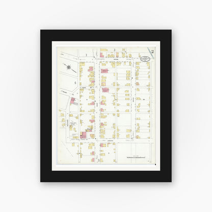 Old map wall art mockup — black gallery frame with white mat — Sanborn Fire Insurance Map from Everett, Bedford County, Pennsylvania (1910), Sheet #0002