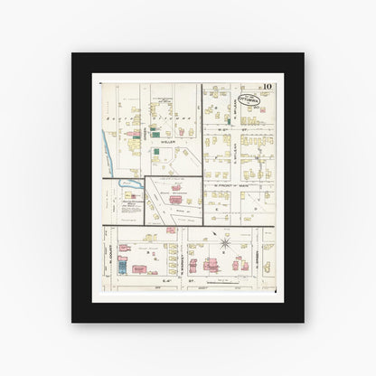 Old map wall art mockup — black gallery frame with white mat — Sanborn Fire Insurance Map from Ottumwa, Wapello County, Iowa (1885), Sheet #0010