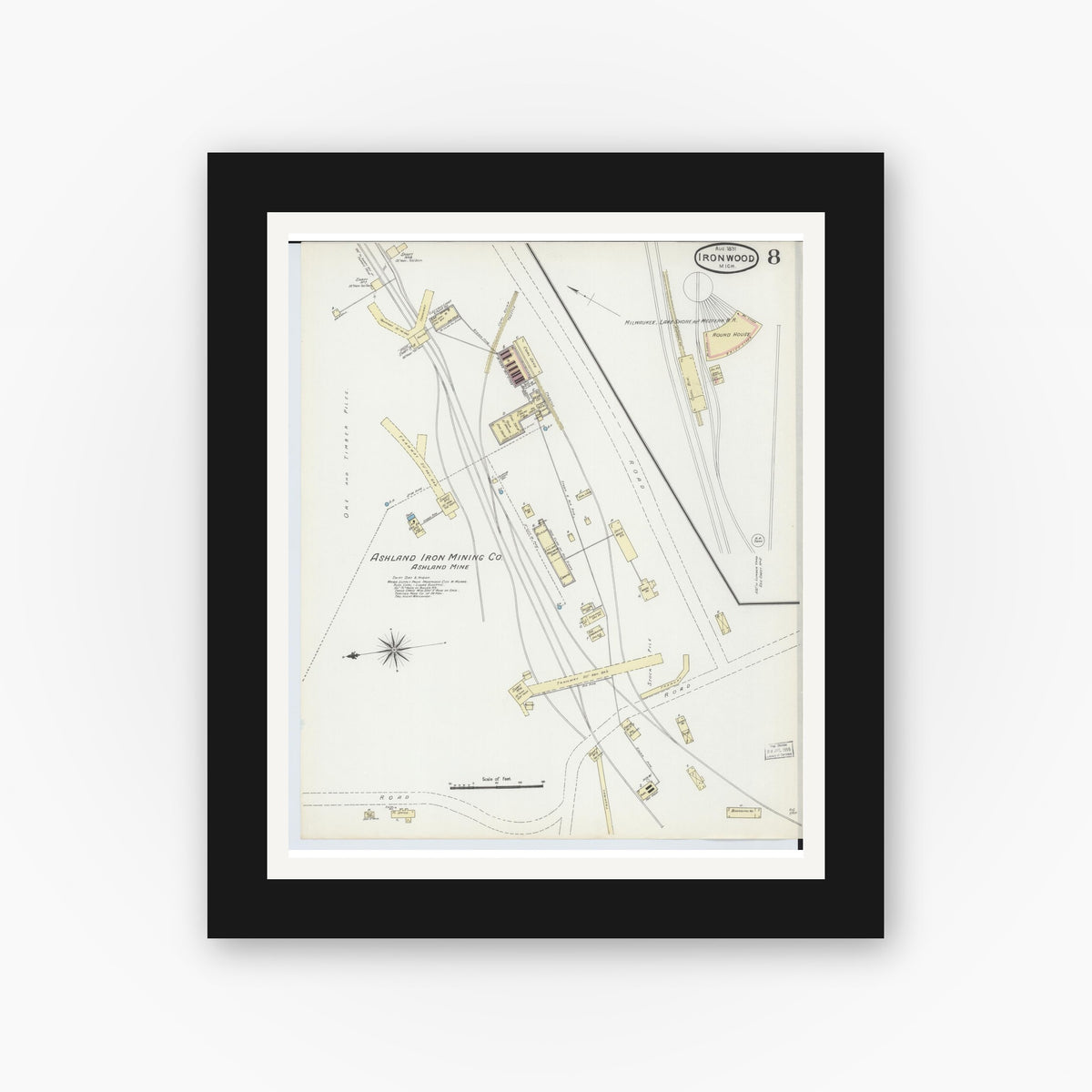 Old map wall art mockup — black gallery frame with white mat — Sanborn Fire Insurance Map from Ironwood, Gogebic County, Michigan (1891), Sheet #0008