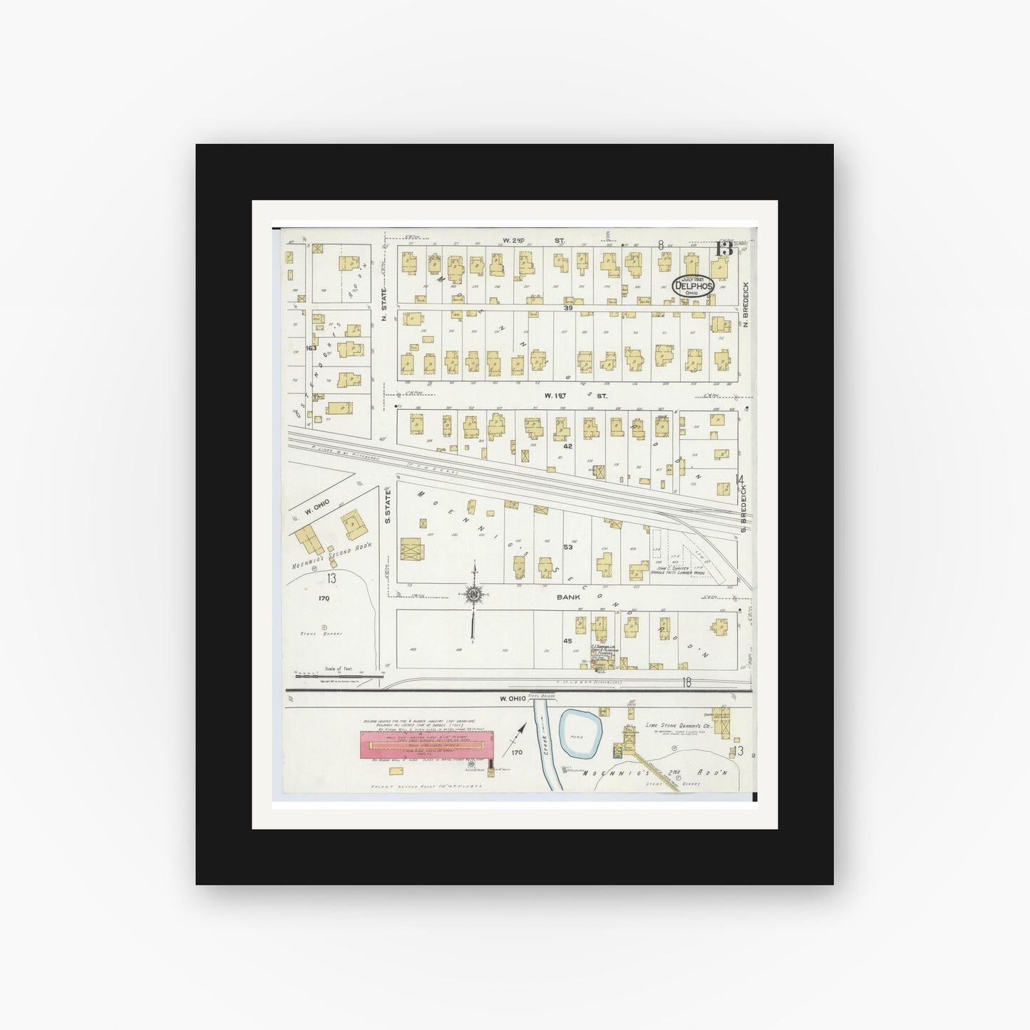 Old map wall art mockup — black gallery frame with white mat — Sanborn Fire Insurance Map from Delphos, Van Wert And Allen Counties, Ohio (1921), Sheet #0013