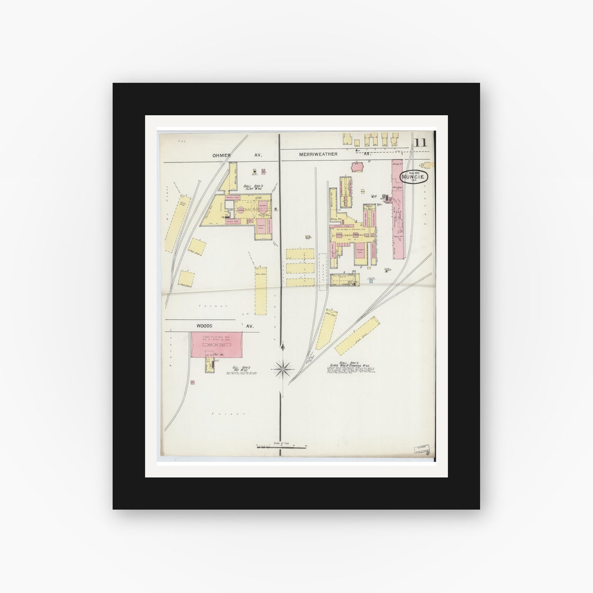 Old map wall art mockup — black gallery frame with white mat — Sanborn Fire Insurance Map from Muncie, Delaware County, Indiana (1892), Sheet #0011