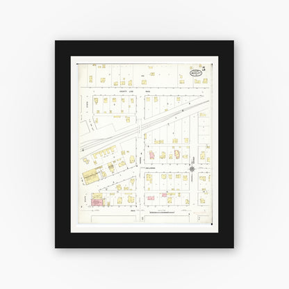 Old map wall art mockup — black gallery frame with white mat — Sanborn Fire Insurance Map from Ackley, Hardin and Franklin Counties, Iowa (1916), Sheet #0005