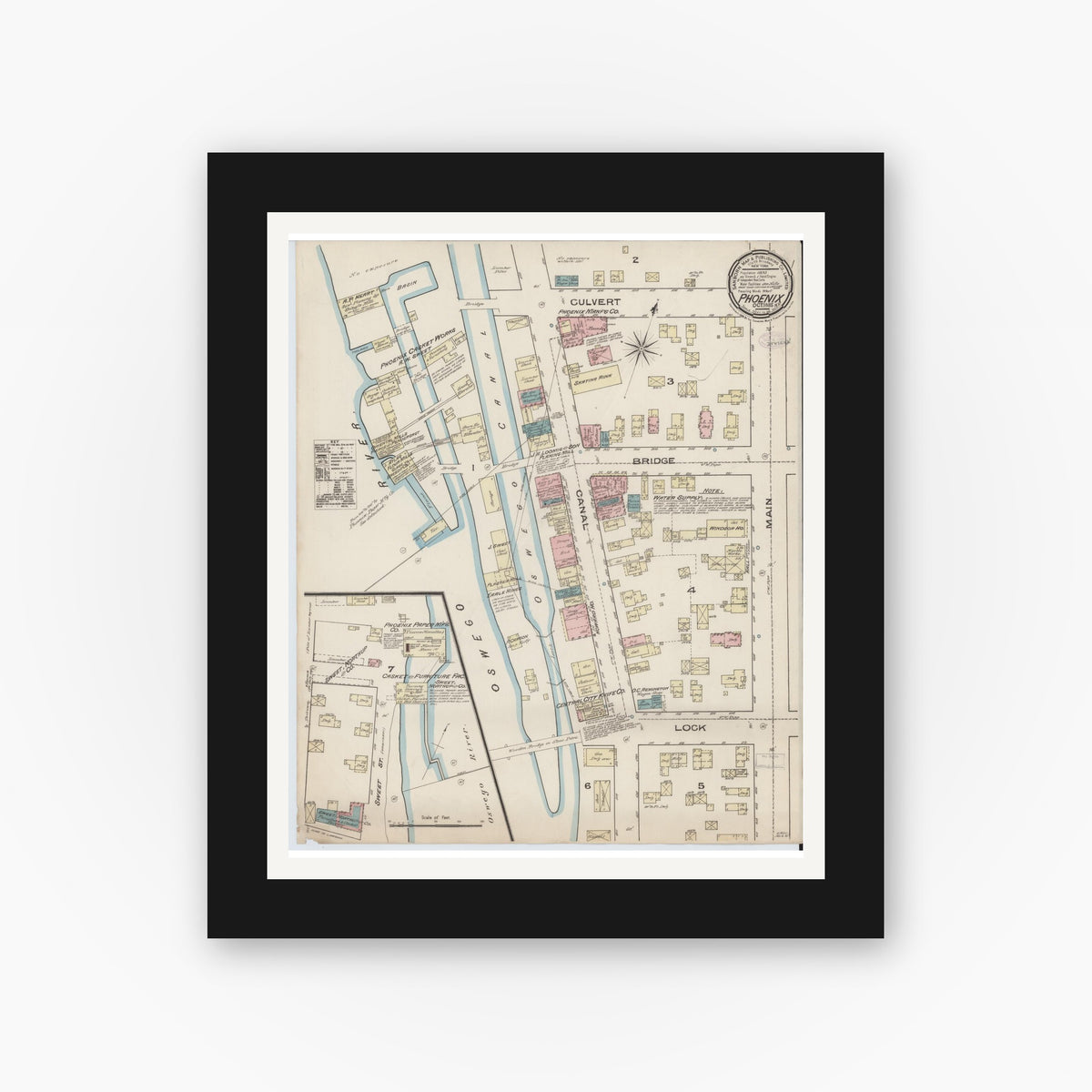 Old map wall art mockup — black gallery frame with white mat — Sanborn Fire Insurance Map from Phoenix, Oswego County, New York (1885), Sheet #0001