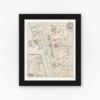 Old map wall art mockup — black gallery frame with white mat — Sanborn Fire Insurance Map from Phoenix, Oswego County, New York (1885), Sheet #0001