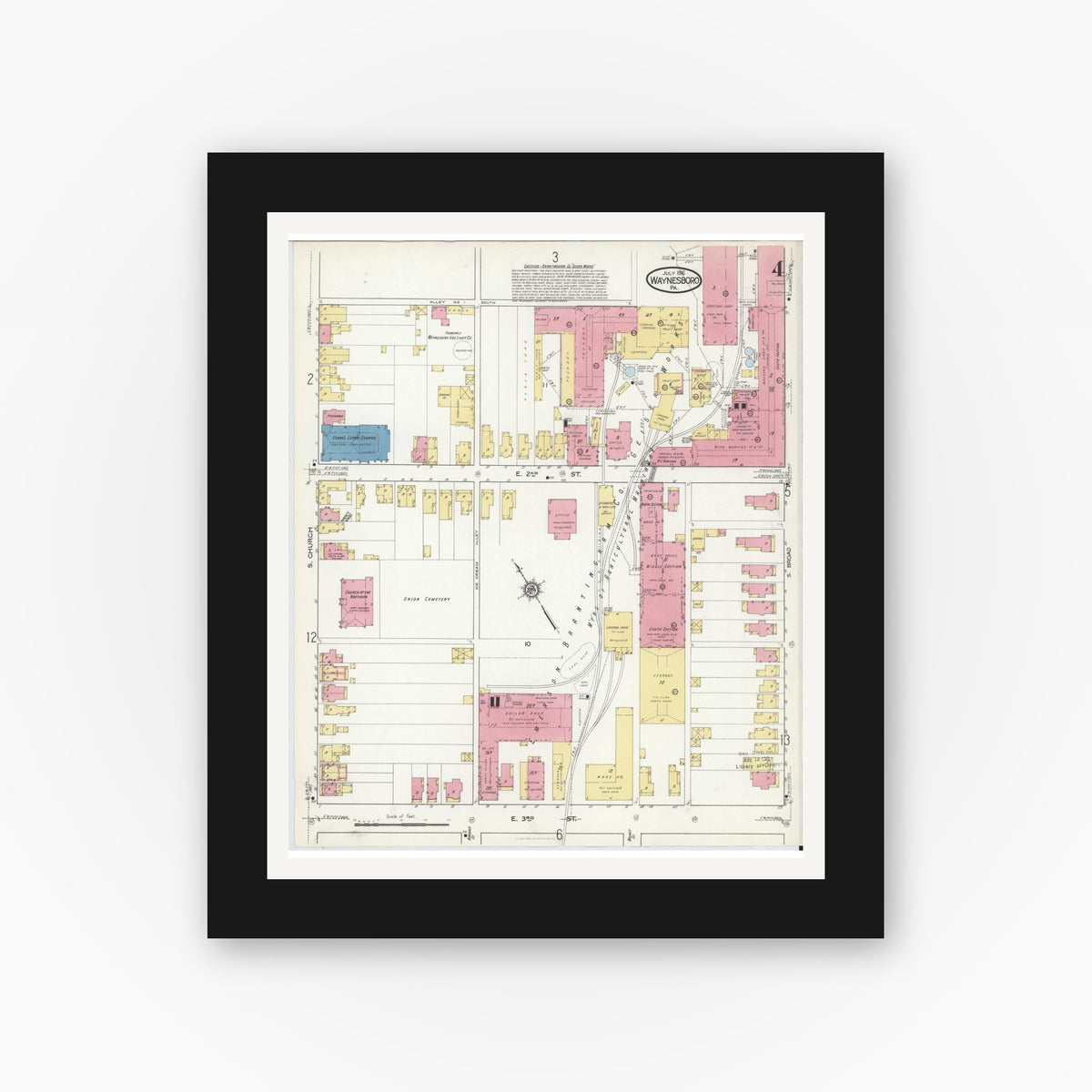 Old map wall art mockup — black gallery frame with white mat — Sanborn Fire Insurance Map from Waynesboro, Franklin County, Pennsylvania (1916), Sheet #0004