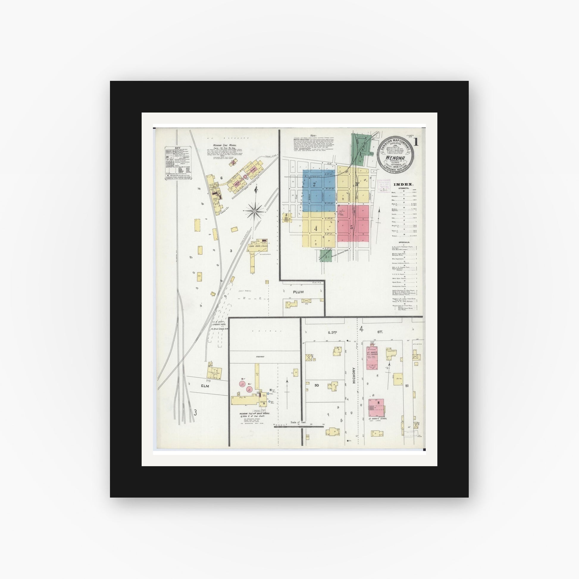 Old map wall art mockup — black gallery frame with white mat — Sanborn Fire Insurance Map from Wenona, Marshall County, Illinois (1906) - Complete Map Set