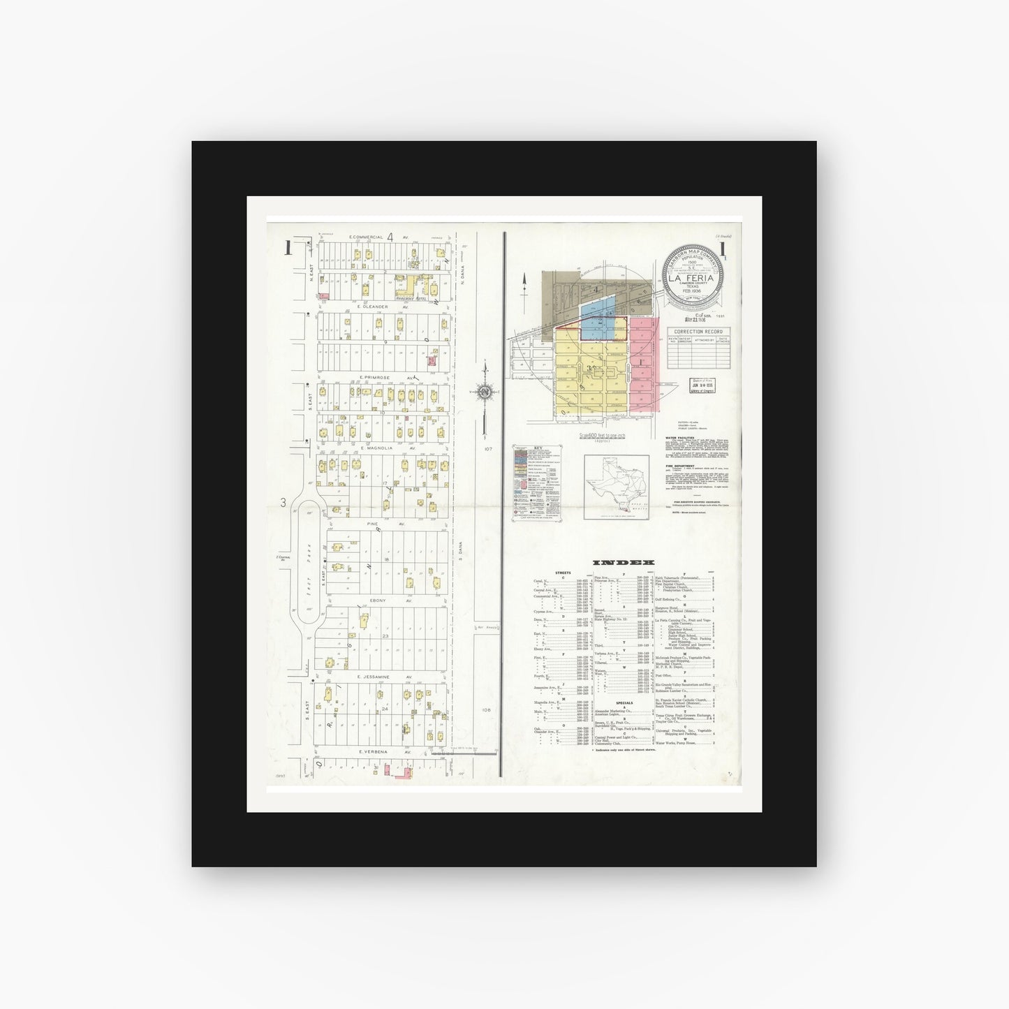 Old map wall art mockup — black gallery frame with white mat — Sanborn Fire Insurance Map from La Feria, Cameron County, Texas (1936), Sheet #0001