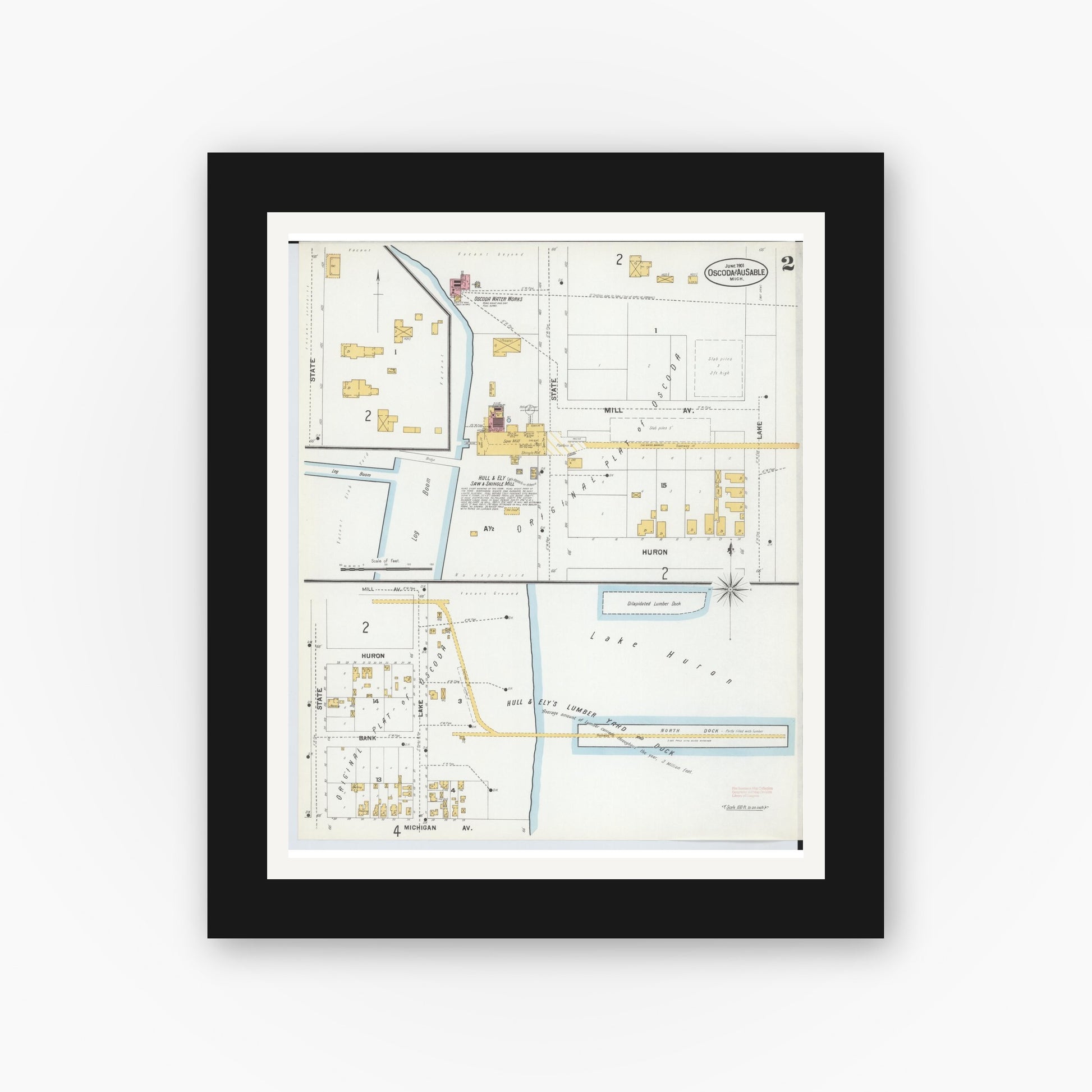 Old map wall art mockup — black gallery frame with white mat — Sanborn Fire Insurance Map from Oscoda, Iosco County, Michigan (1901), Sheet #0002