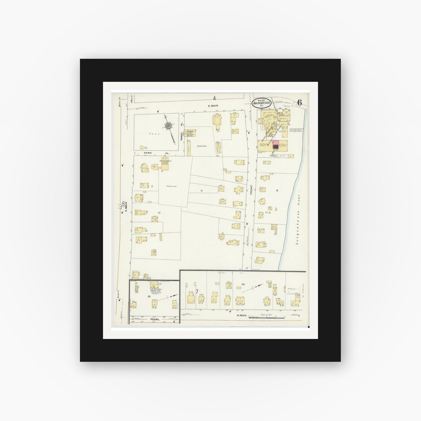 Old map wall art mockup — black gallery frame with white mat — Sanborn Fire Insurance Map from Bainbridge, Chenango County, New York (1912), Sheet #0006