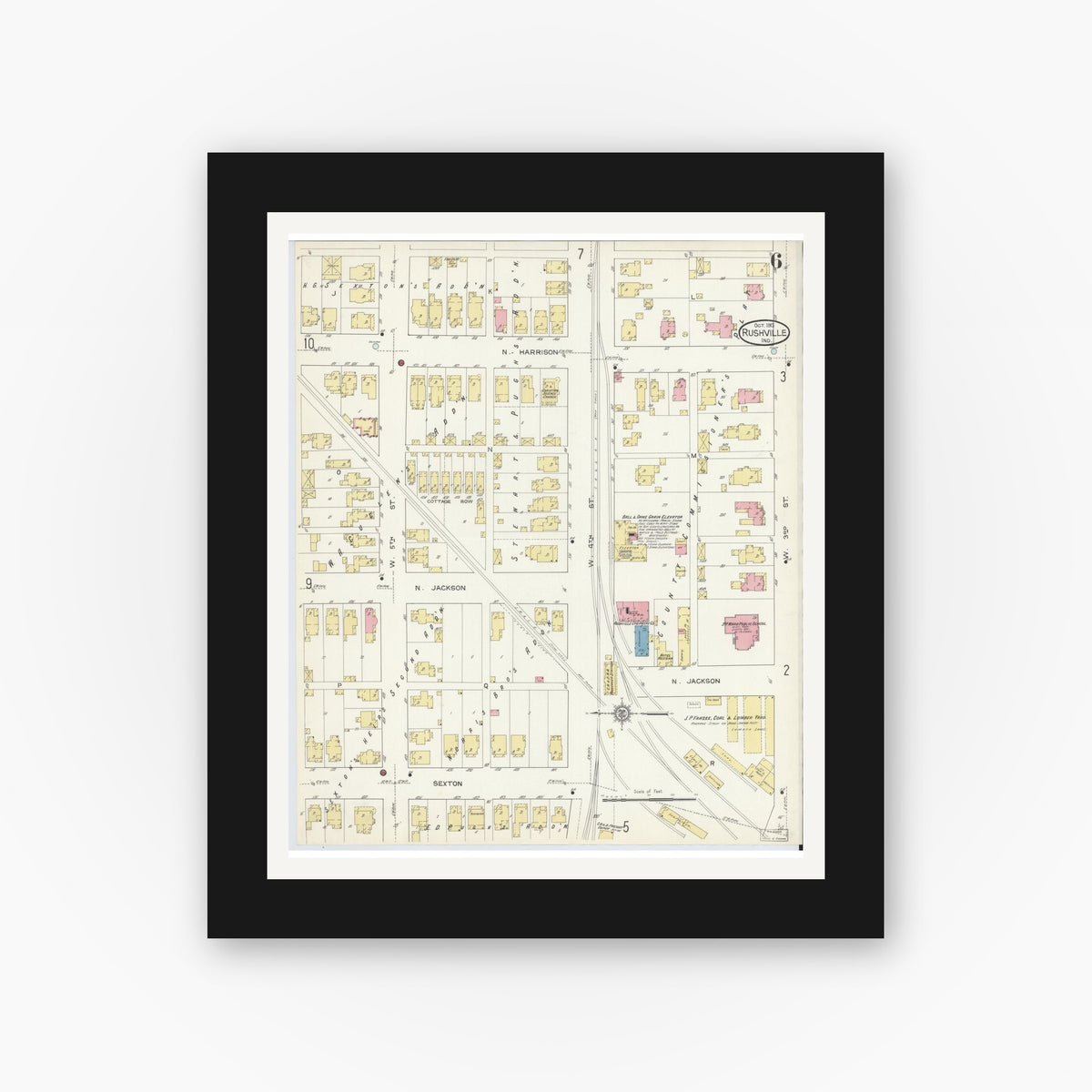 Old map wall art mockup — black gallery frame with white mat — Sanborn Fire Insurance Map from Rushville, Rush County, Indiana (1913), Sheet #0006
