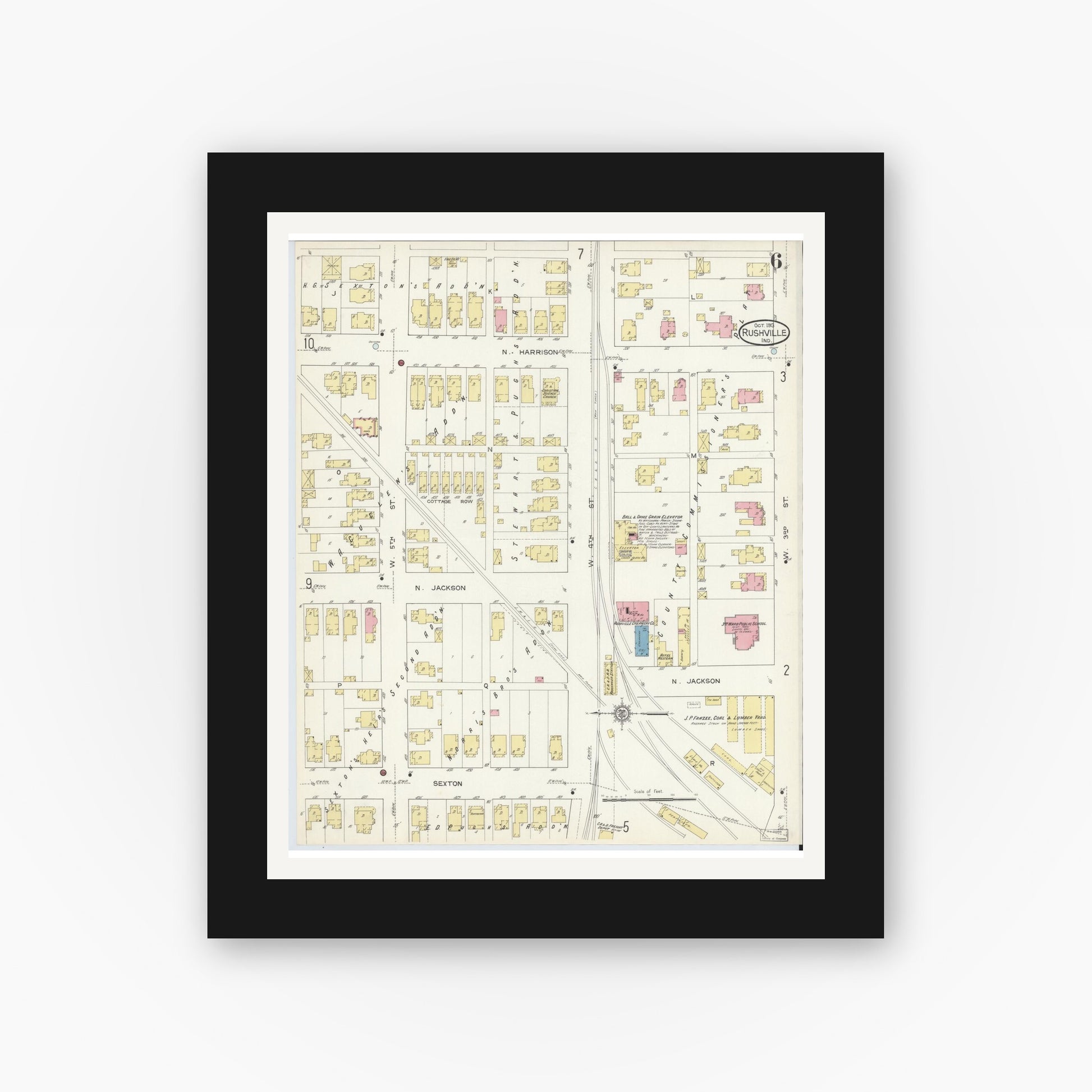 Old map wall art mockup — black gallery frame with white mat — Sanborn Fire Insurance Map from Rushville, Rush County, Indiana (1913), Sheet #0006