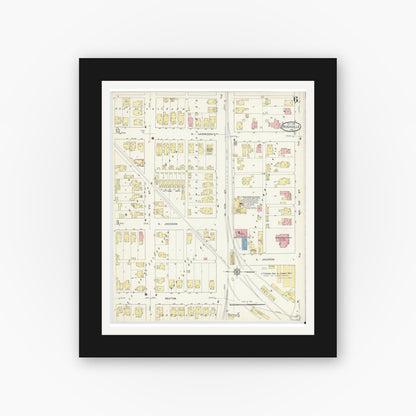 Old map wall art mockup — black gallery frame with white mat — Sanborn Fire Insurance Map from Rushville, Rush County, Indiana (1913), Sheet #0006