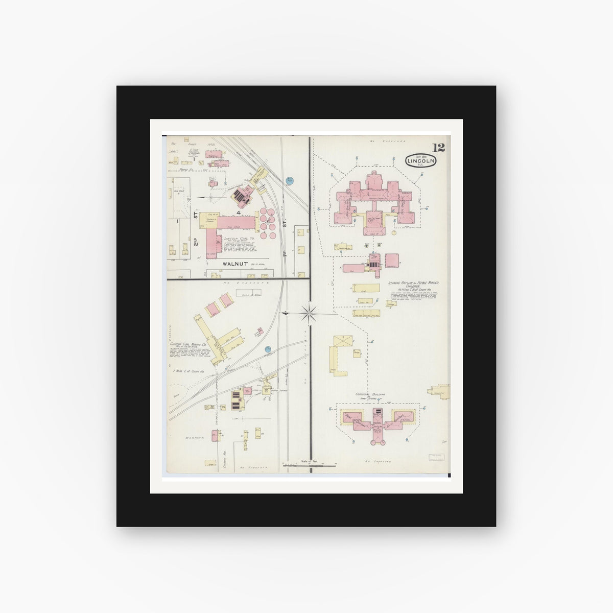 Old map wall art mockup — black gallery frame with white mat — Sanborn Fire Insurance Map from Lincoln, Logan County, Illinois (1891), Sheet #0012