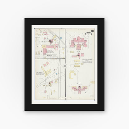 Old map wall art mockup — black gallery frame with white mat — Sanborn Fire Insurance Map from Lincoln, Logan County, Illinois (1891), Sheet #0012
