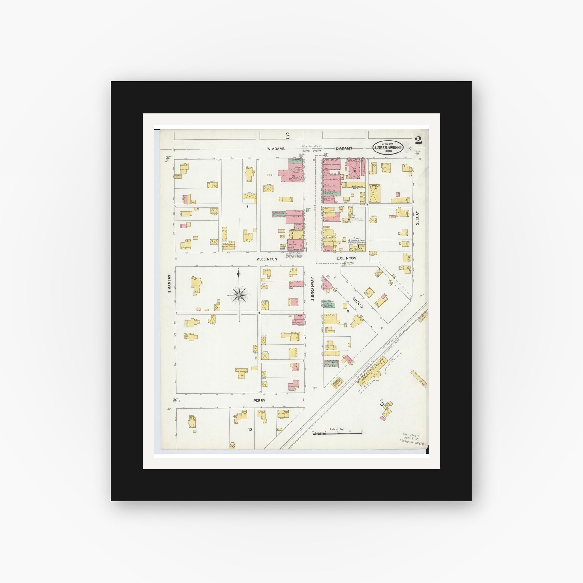 Old map wall art mockup — black gallery frame with white mat — Sanborn Fire Insurance Map from Green Springs, Sandusky And Seneca Counties, Ohio (1899), Sheet #0002