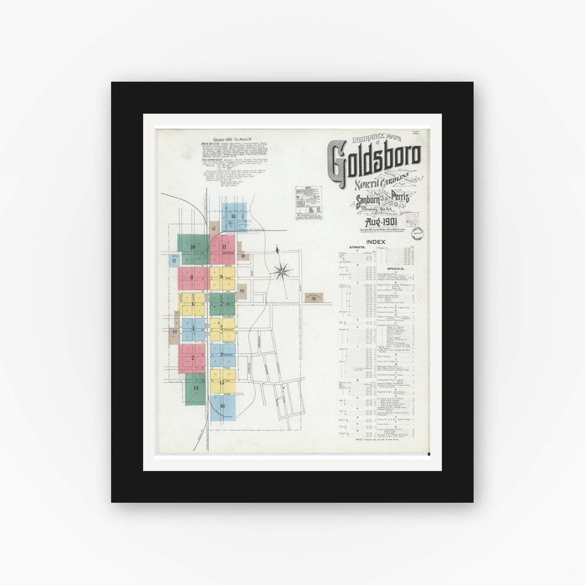 Old map wall art mockup — black gallery frame with white mat — Sanborn Fire Insurance Map from Goldsboro, Wayne County, North Carolina (1901) - Complete Map Set