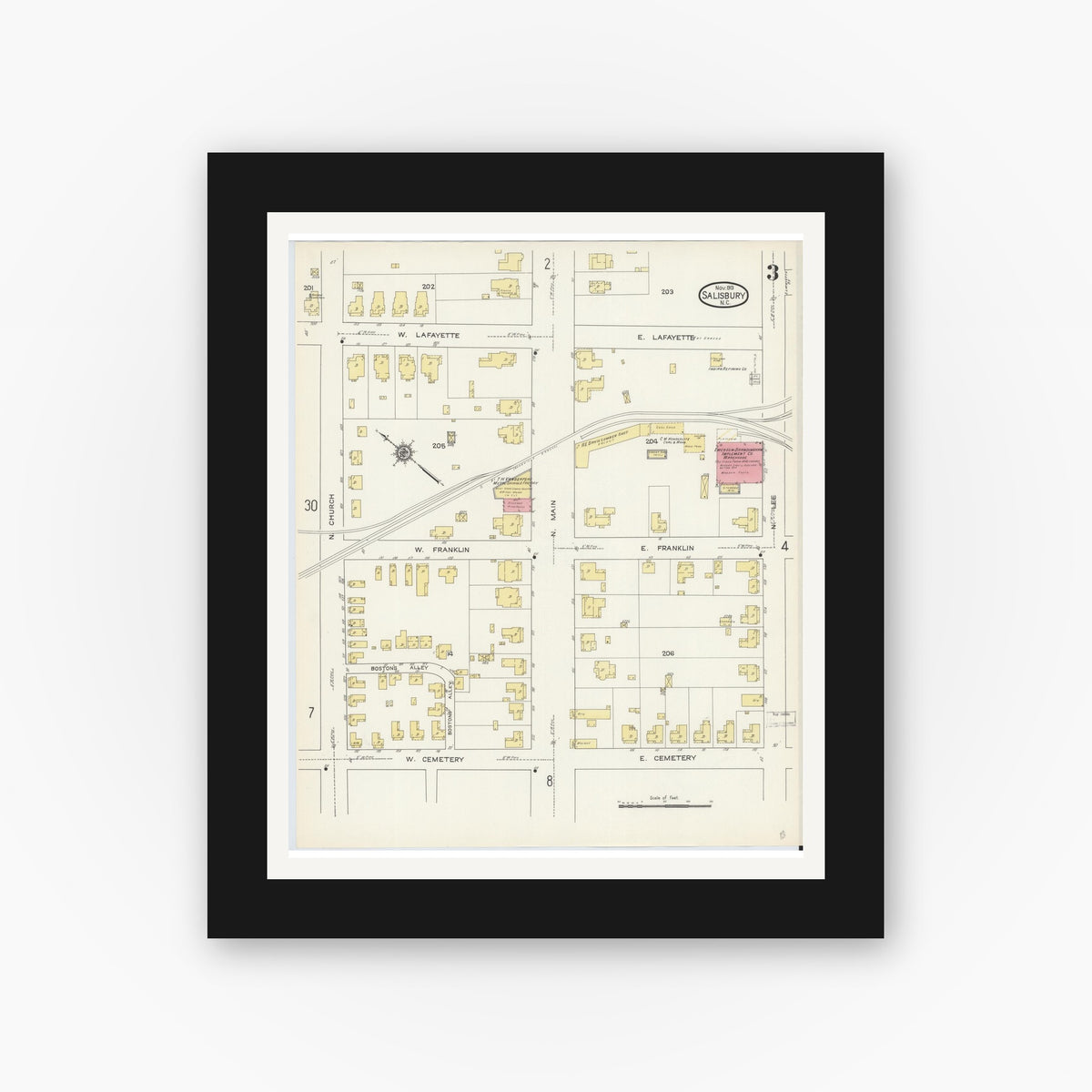 Old map wall art mockup — black gallery frame with white mat — Sanborn Fire Insurance Map from Salisbury, Rowan County, North Carolina (1913), Sheet #0003