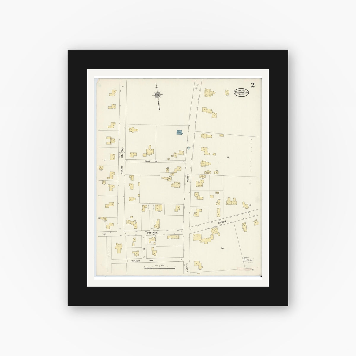 Old map wall art mockup — black gallery frame with white mat — Sanborn Fire Insurance Map from Medfield, Norfolk County, Massachusetts (1911), Sheet #0002