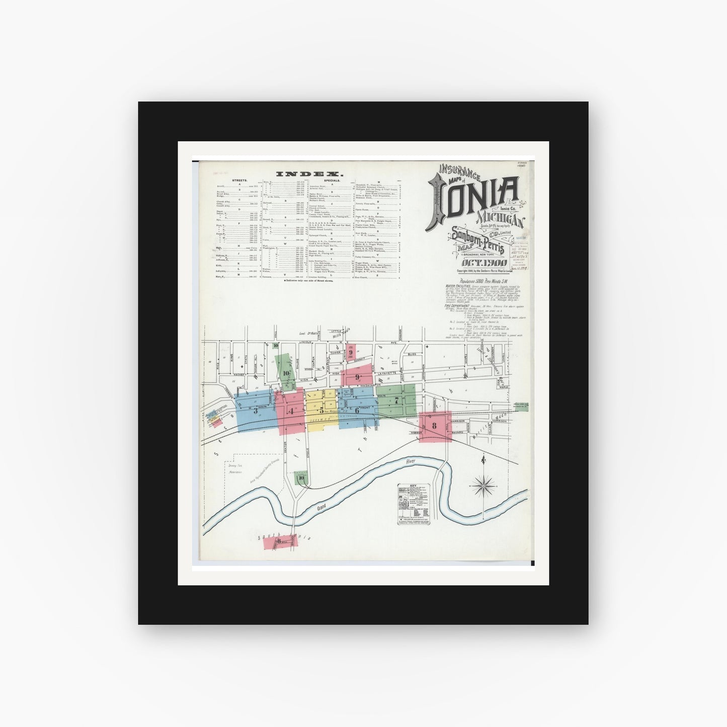 Old map wall art mockup — black gallery frame with white mat — Sanborn Fire Insurance Map from Ionia, Ionia County, Michigan (1900) - Complete Map Set