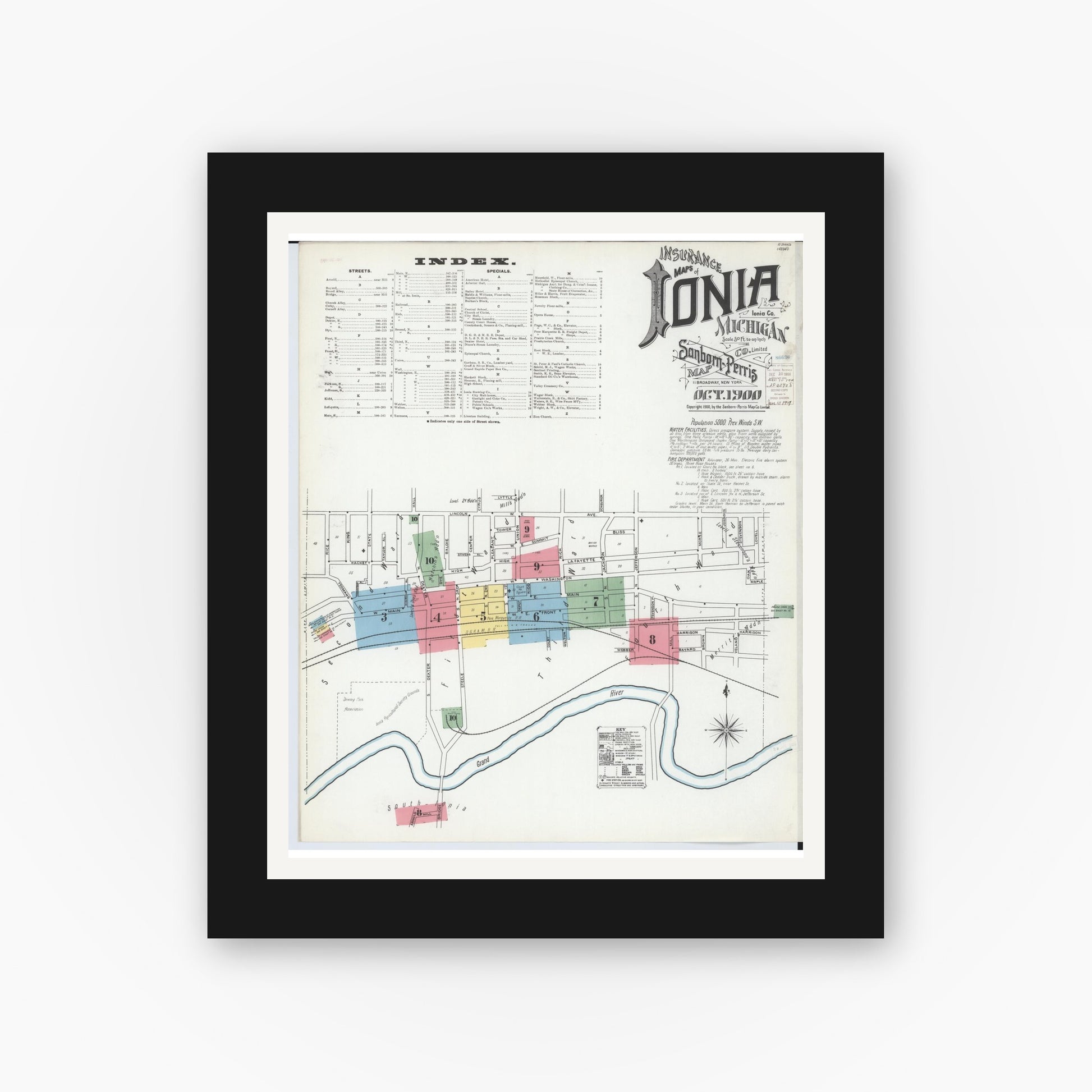 Old map wall art mockup — black gallery frame with white mat — Sanborn Fire Insurance Map from Ionia, Ionia County, Michigan (1900) - Complete Map Set
