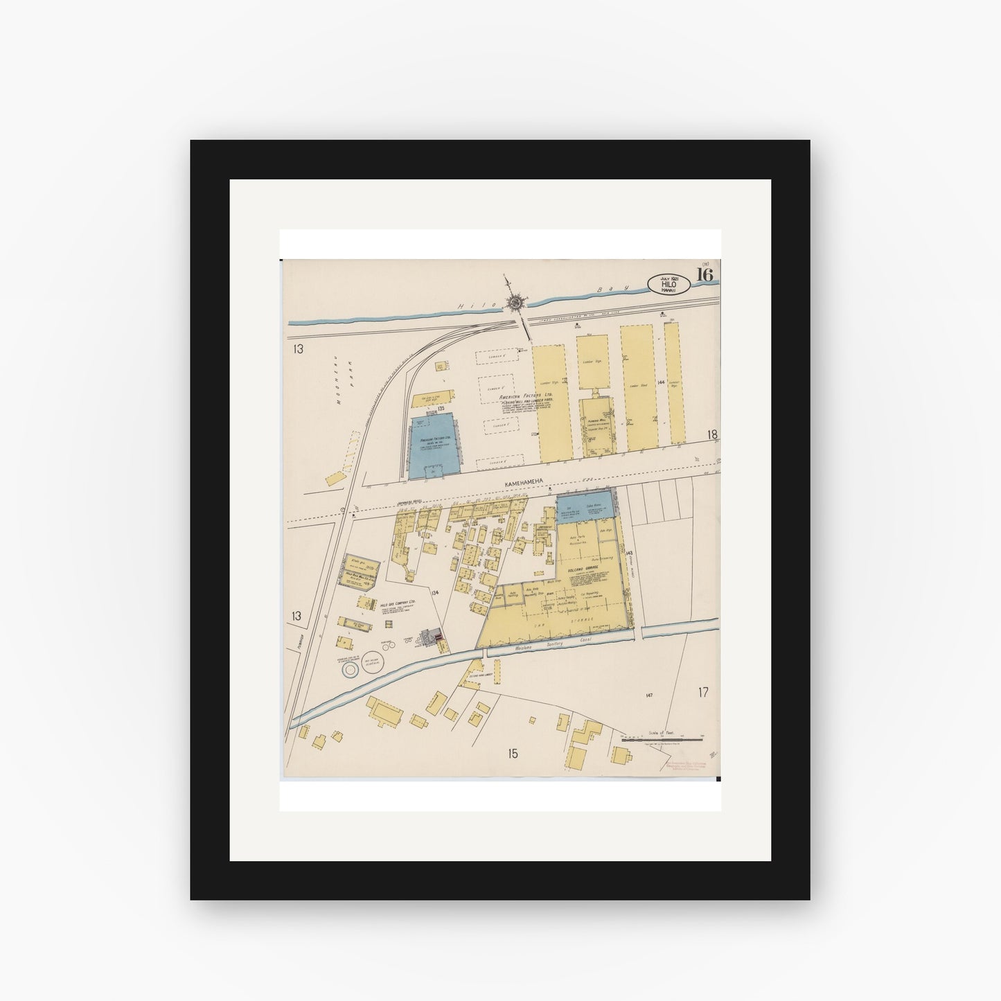 Old map wall art mockup — black gallery frame with white mat — Sanborn Fire Insurance Map from Hilo, Hawaii County, Hawaii (1921), Sheet #0016