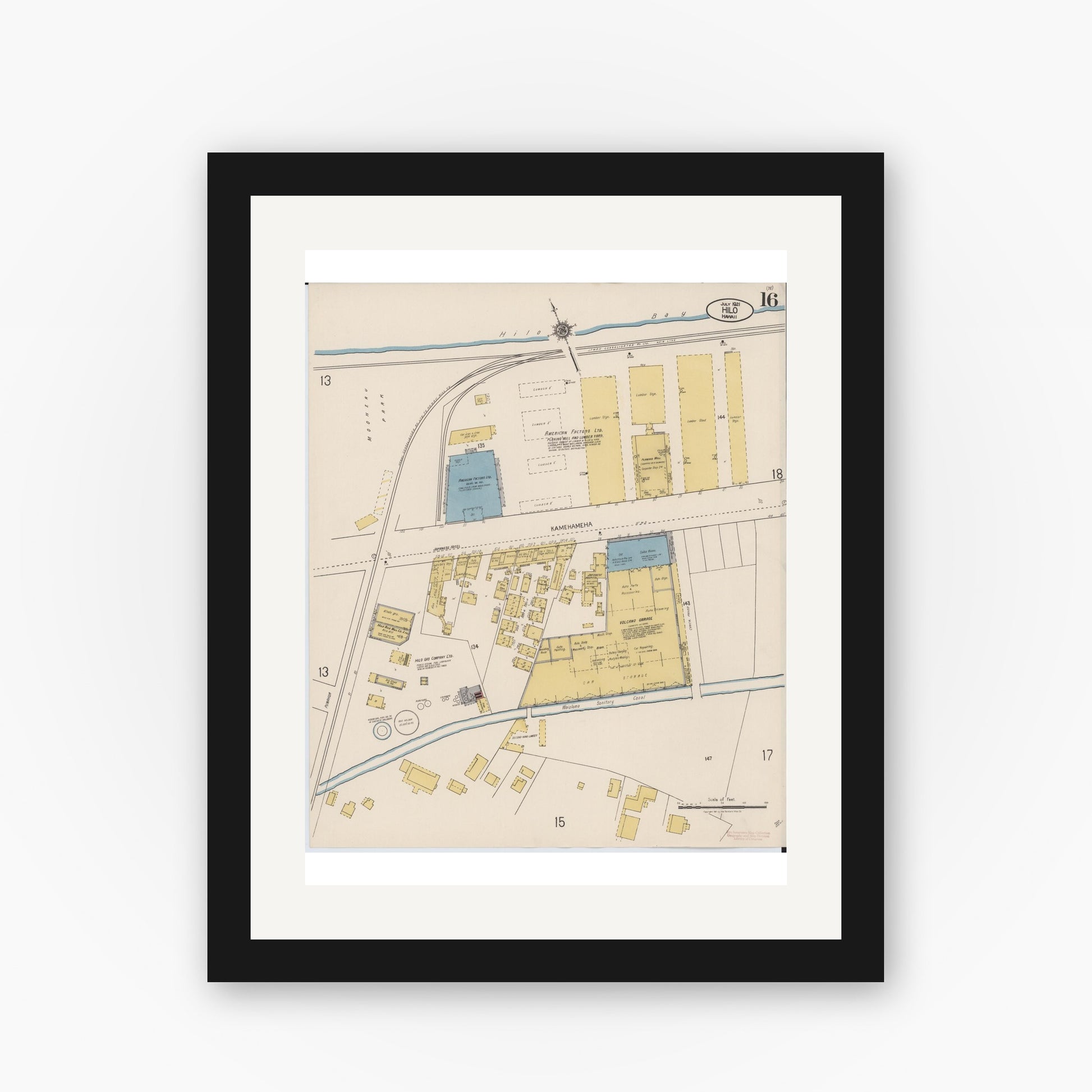 Old map wall art mockup — black gallery frame with white mat — Sanborn Fire Insurance Map from Hilo, Hawaii County, Hawaii (1921), Sheet #0016
