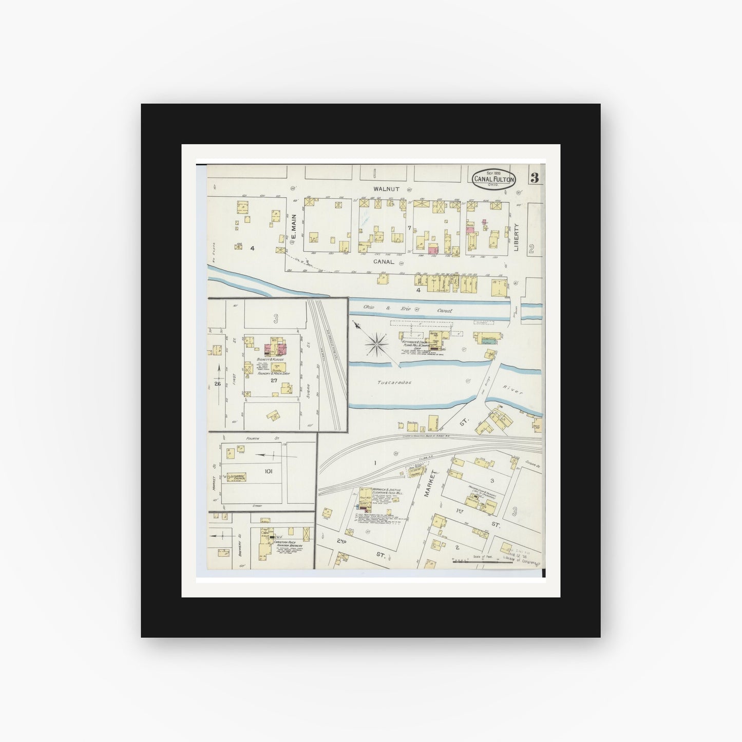 Old map wall art mockup — black gallery frame with white mat — Sanborn Fire Insurance Map from Canal Fulton, Stark County, Ohio (1893), Sheet #0003
