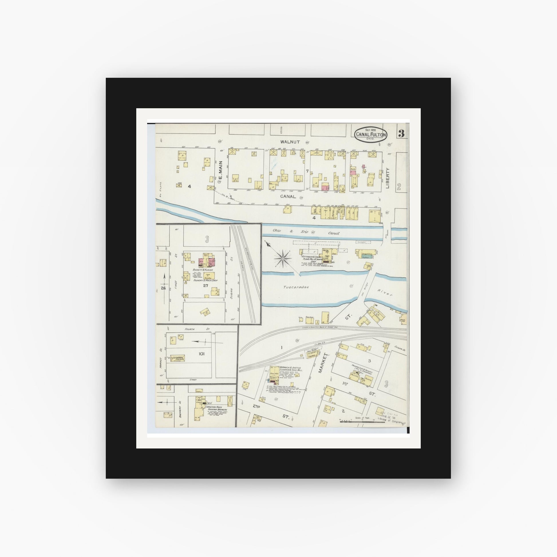 Old map wall art mockup — black gallery frame with white mat — Sanborn Fire Insurance Map from Canal Fulton, Stark County, Ohio (1893), Sheet #0003