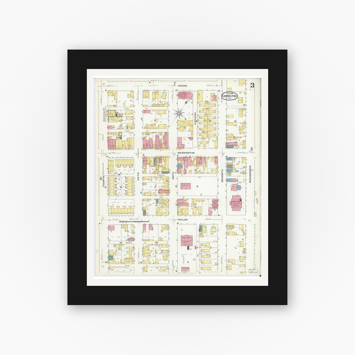 Old map wall art mockup — black gallery frame with white mat — Sanborn Fire Insurance Map from Cannelton, Perry County, Indiana (1909), Sheet #0003
