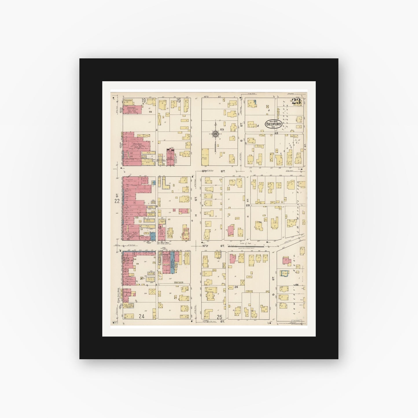 Old map wall art mockup — black gallery frame with white mat — Sanborn Fire Insurance Map from Bedford, Lawrence County, Indiana (1922), Sheet #0023