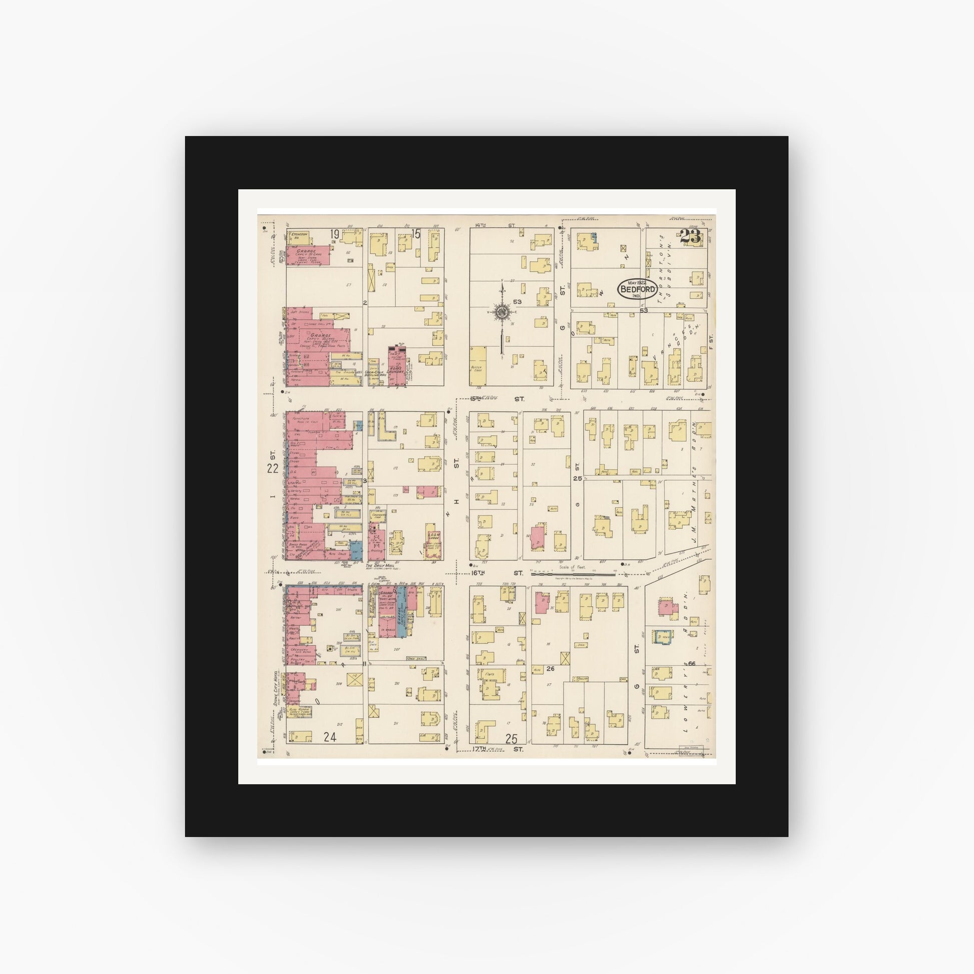 Old map wall art mockup — black gallery frame with white mat — Sanborn Fire Insurance Map from Bedford, Lawrence County, Indiana (1922), Sheet #0023