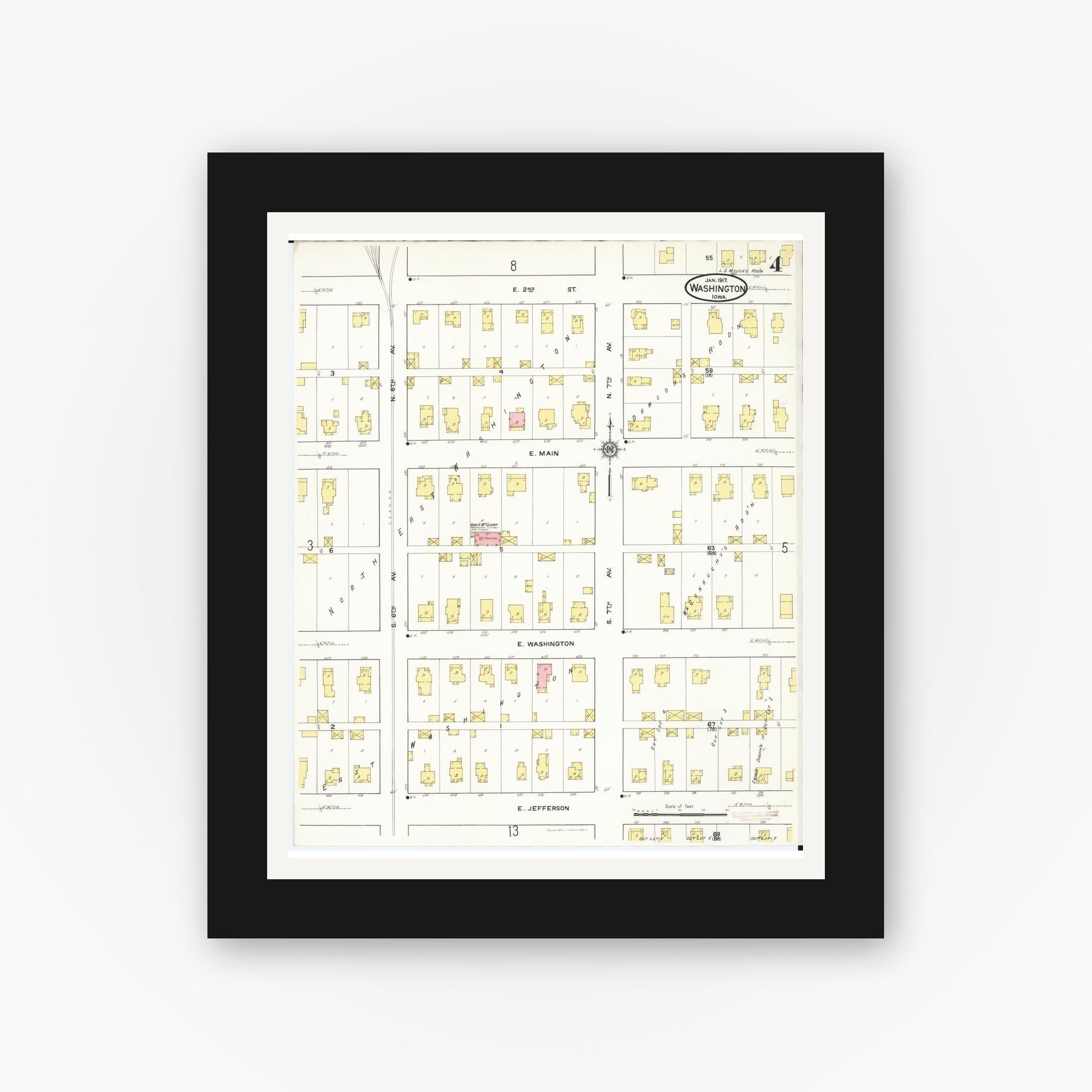 Old map wall art mockup — black gallery frame with white mat — Sanborn Fire Insurance Map from Washington, Washington County, Iowa (1917), Sheet #0004