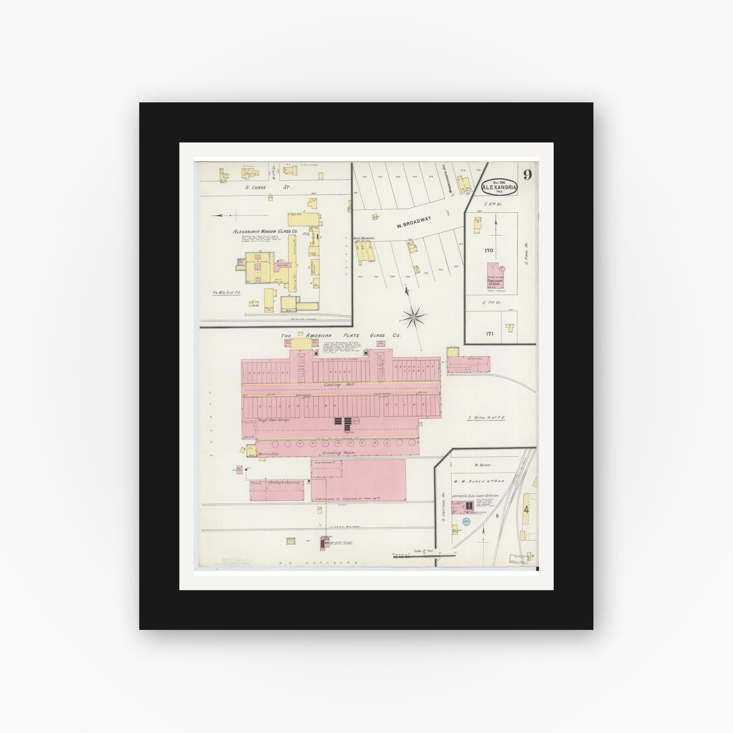 Old map wall art mockup — black gallery frame with white mat — Sanborn Fire Insurance Map from Alexandria, Madison County, Indiana (1896), Sheet #0009