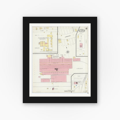 Old map wall art mockup — black gallery frame with white mat — Sanborn Fire Insurance Map from Alexandria, Madison County, Indiana (1896), Sheet #0009