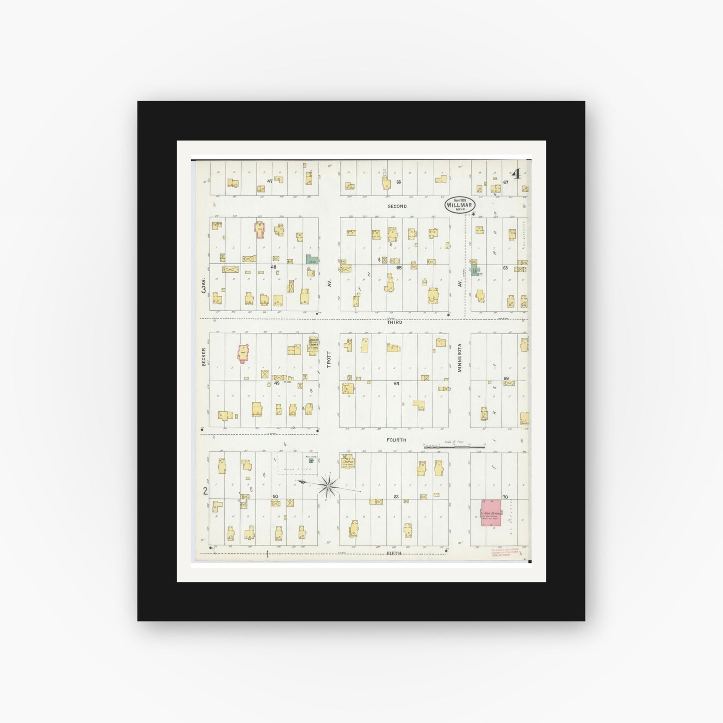 Old map wall art mockup — black gallery frame with white mat — Sanborn Fire Insurance Map from Willmar, Kandiyohi County, Minnesota (1899), Sheet #0004