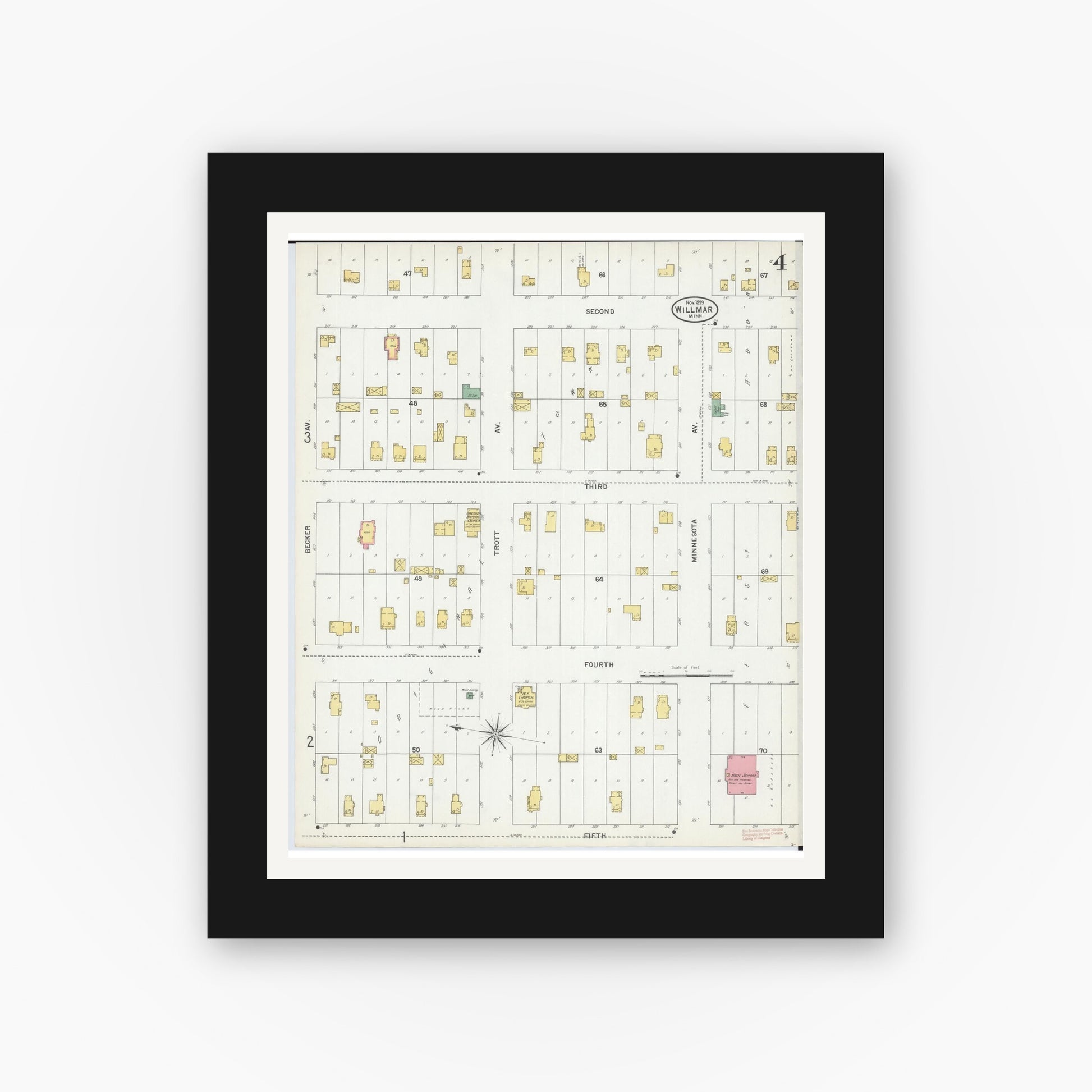 Old map wall art mockup — black gallery frame with white mat — Sanborn Fire Insurance Map from Willmar, Kandiyohi County, Minnesota (1899), Sheet #0004