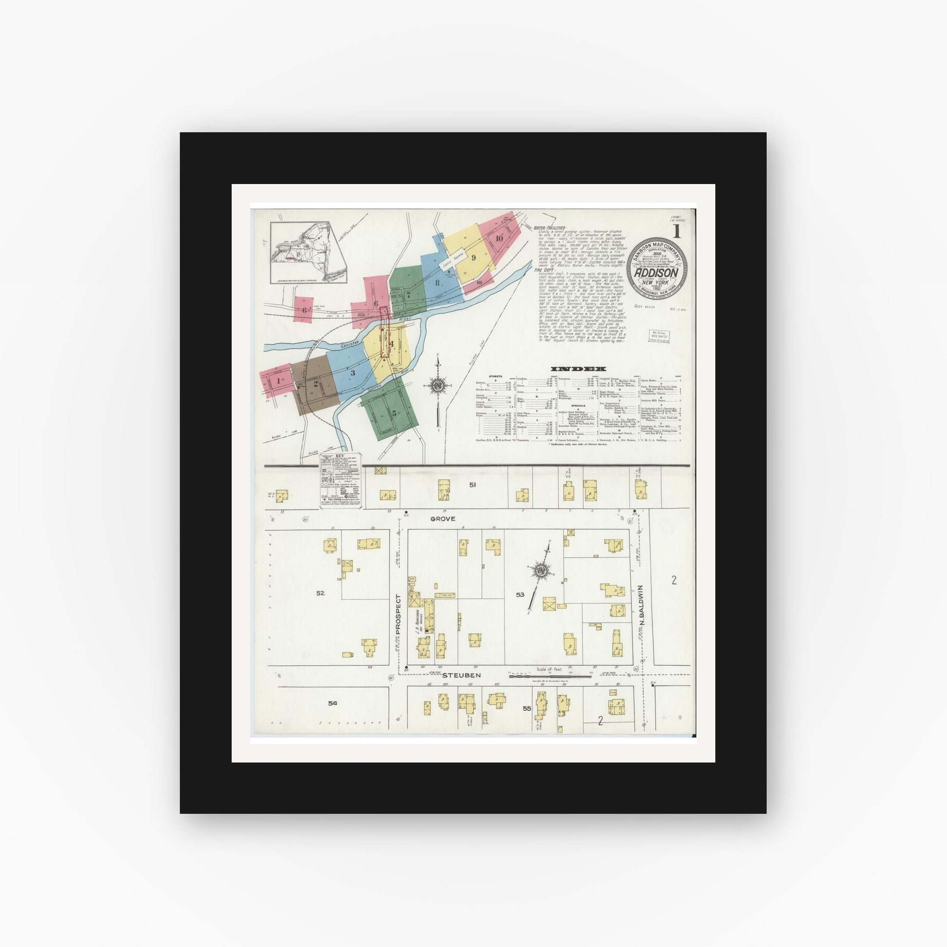 Old map wall art mockup — black gallery frame with white mat — Sanborn Fire Insurance Map from Addison, Steuben County, New York (1921), Sheet #0001