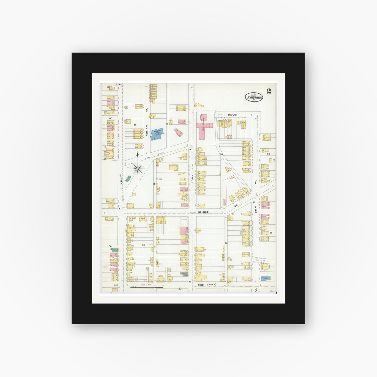 Old map wall art mockup — black gallery frame with white mat — Sanborn Fire Insurance Map from Lewistown, Mifflin County, Pennsylvania (1904), Sheet #0002