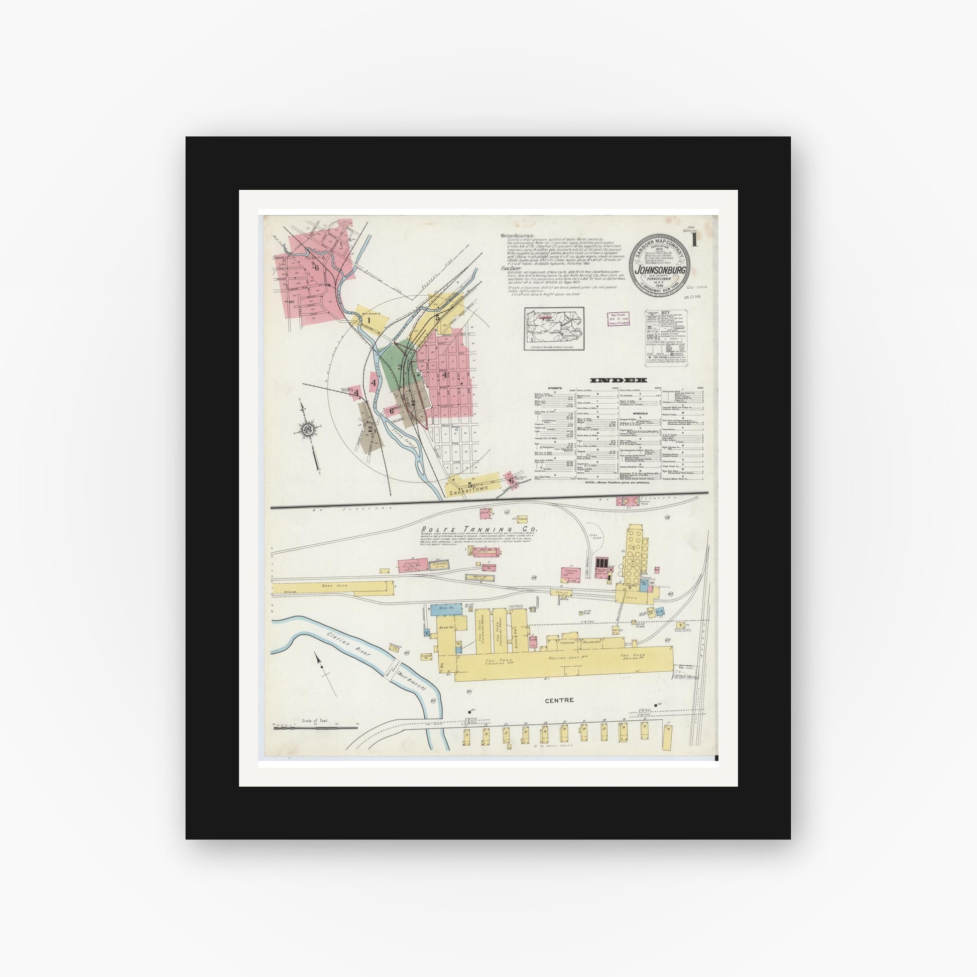 Old map wall art mockup — black gallery frame with white mat — Sanborn Fire Insurance Map from Johnsonburg, Elk County, Pennsylvania (1916), Sheet #0001