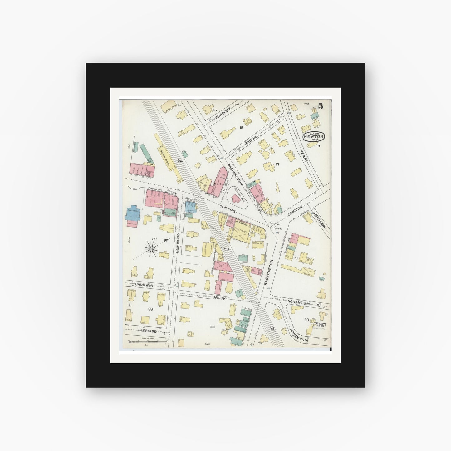 Old map wall art mockup — black gallery frame with white mat — Sanborn Fire Insurance Map from Newton, Middlesex County, Massachusetts (1892), Sheet #0005