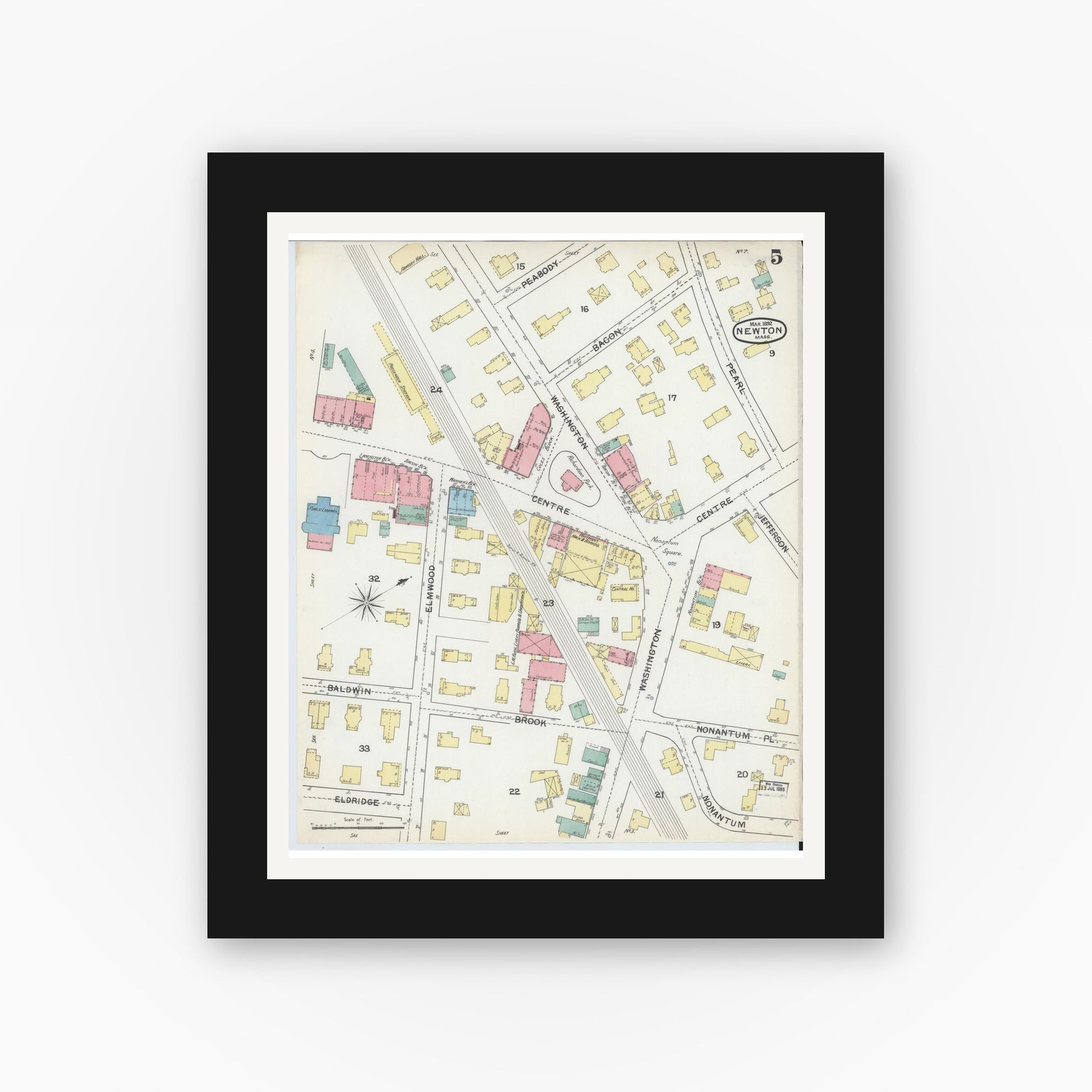 Old map wall art mockup — black gallery frame with white mat — Sanborn Fire Insurance Map from Newton, Middlesex County, Massachusetts (1892), Sheet #0005
