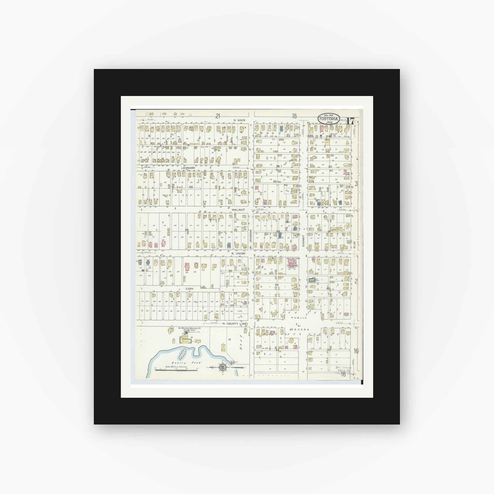 Old map wall art mockup — black gallery frame with white mat — Sanborn Fire Insurance Map from Fostoria, Seneca, Hancock, And Wood Counties, Ohio (1914), Sheet #0017