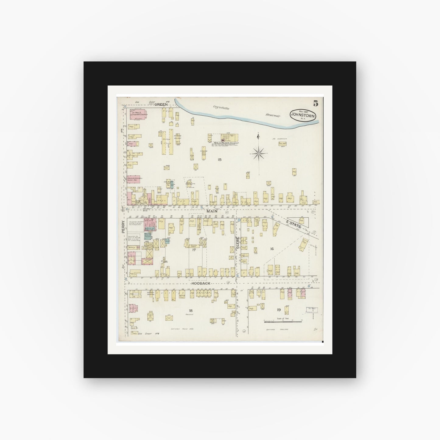 Old map wall art mockup — black gallery frame with white mat — Sanborn Fire Insurance Map from Johnstown, Fulton County, New York (1887), Sheet #0005