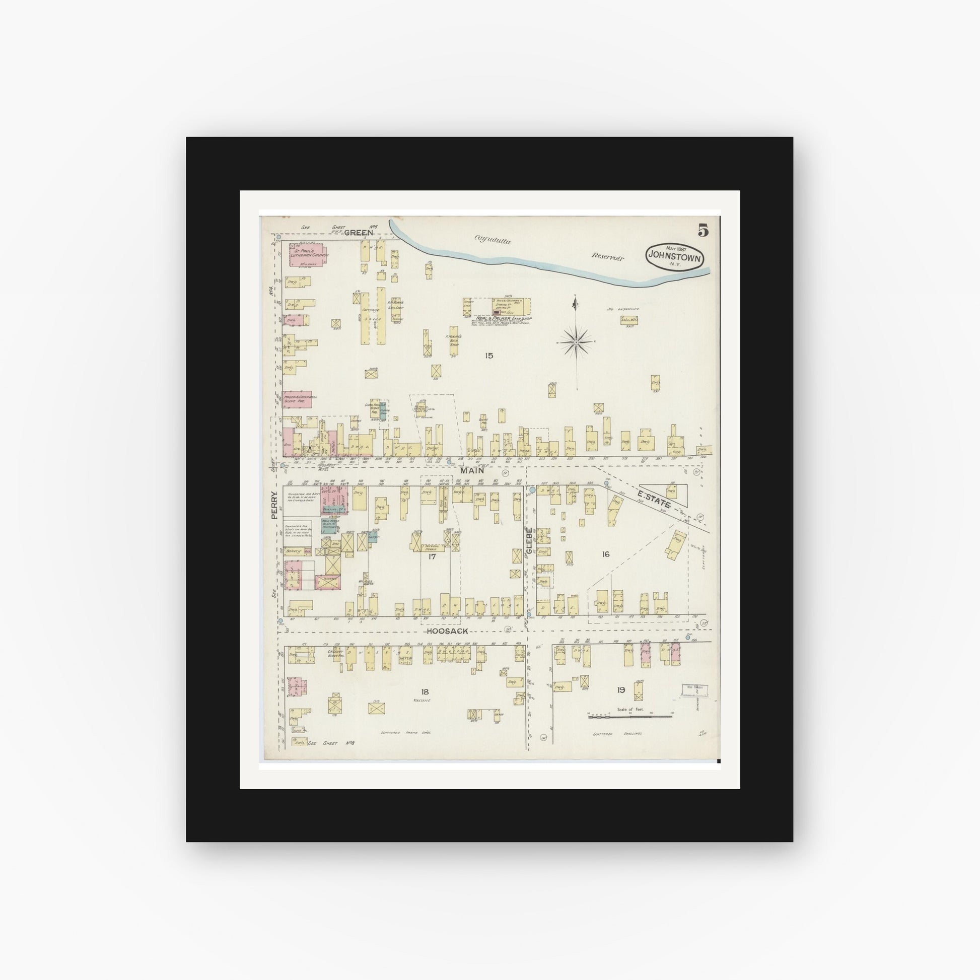 Old map wall art mockup — black gallery frame with white mat — Sanborn Fire Insurance Map from Johnstown, Fulton County, New York (1887), Sheet #0005