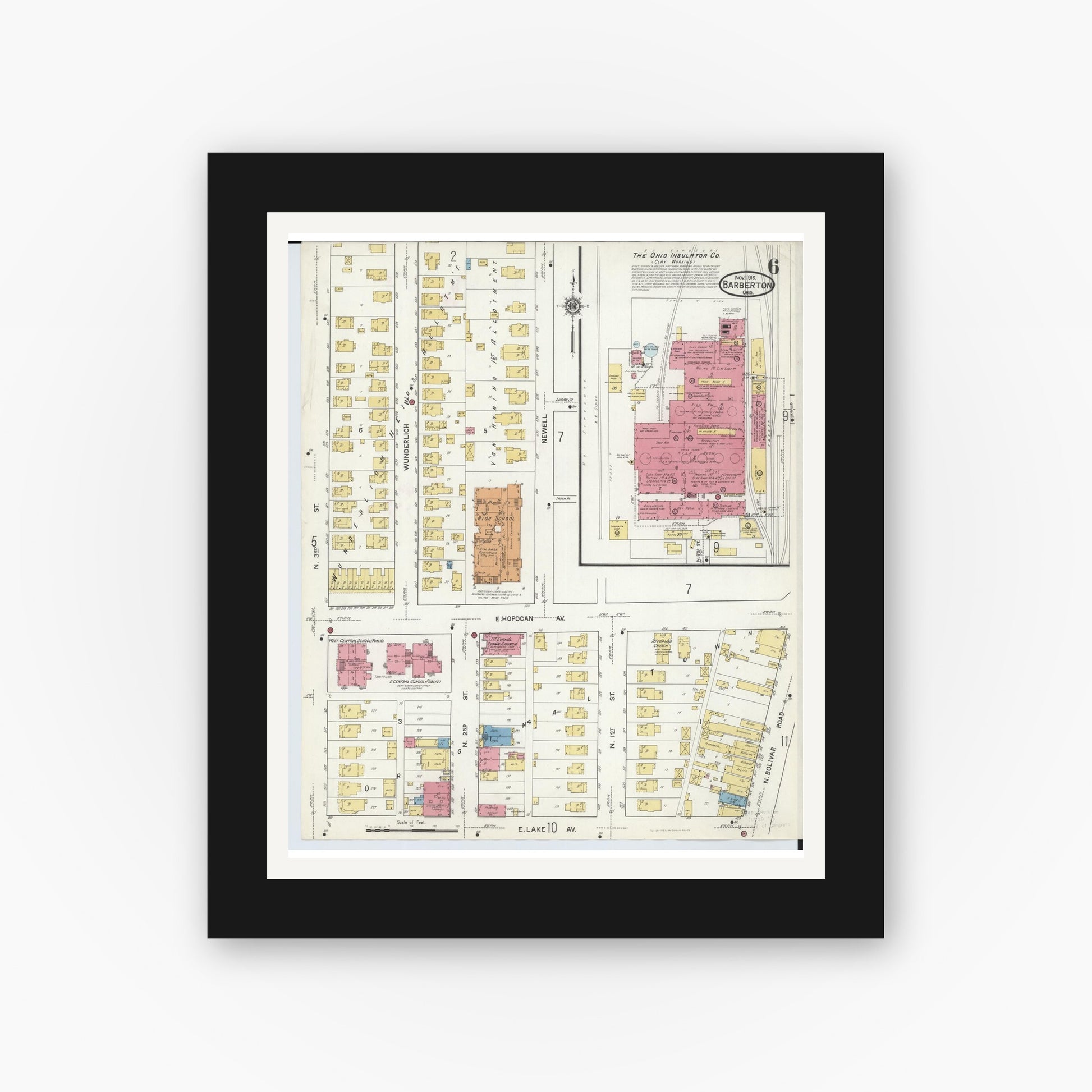 Old map wall art mockup — black gallery frame with white mat — Sanborn Fire Insurance Map from Barberton, Summit County, Ohio (1916), Sheet #0006