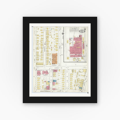 Old map wall art mockup — black gallery frame with white mat — Sanborn Fire Insurance Map from Barberton, Summit County, Ohio (1916), Sheet #0006
