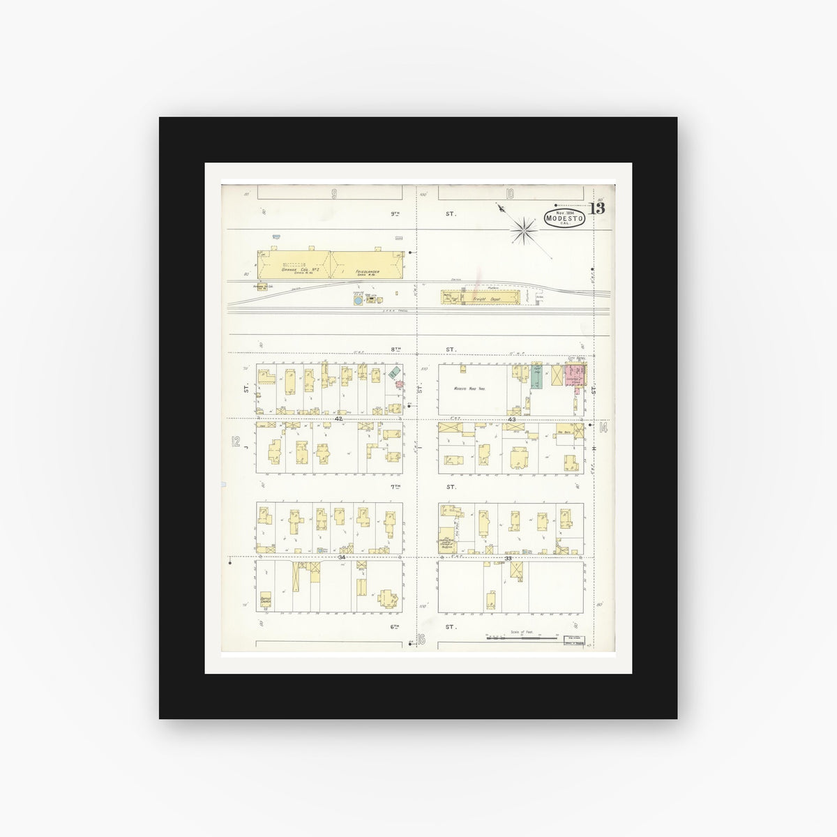 Old map wall art mockup — black gallery frame with white mat — Sanborn Fire Insurance Map from Modesto, Stanislaus County, California (1894), Sheet #0013