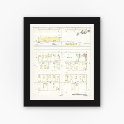 Old map wall art mockup — black gallery frame with white mat — Sanborn Fire Insurance Map from Modesto, Stanislaus County, California (1894), Sheet #0013
