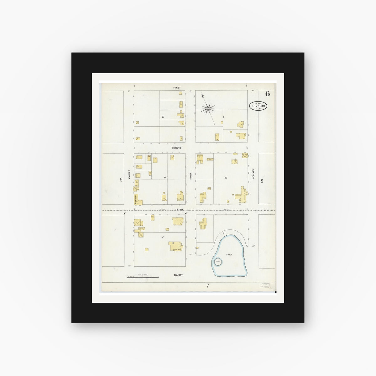 Old map wall art mockup — black gallery frame with white mat — Sanborn Fire Insurance Map from Live Oak, Suwanee County, Florida (1906), Sheet #0006